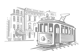 Vintage tram in city sketch vector. - obrazy, fototapety, plakaty