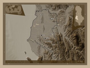 Fier, Albania. Sepia. Labelled points of cities