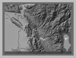 Lezhe, Albania. Grayscale. Labelled points of cities