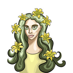 Hand drawn female portrait. Young lady with green hair and make up and lilies. Halloween fashion illustration in beauty zombie style.
