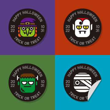 Halloween style label sticker with images of witch, vampire, mummy and Frankenstein