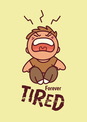 Funny cartoon tired man with lettering. Overwork problem illustration. 