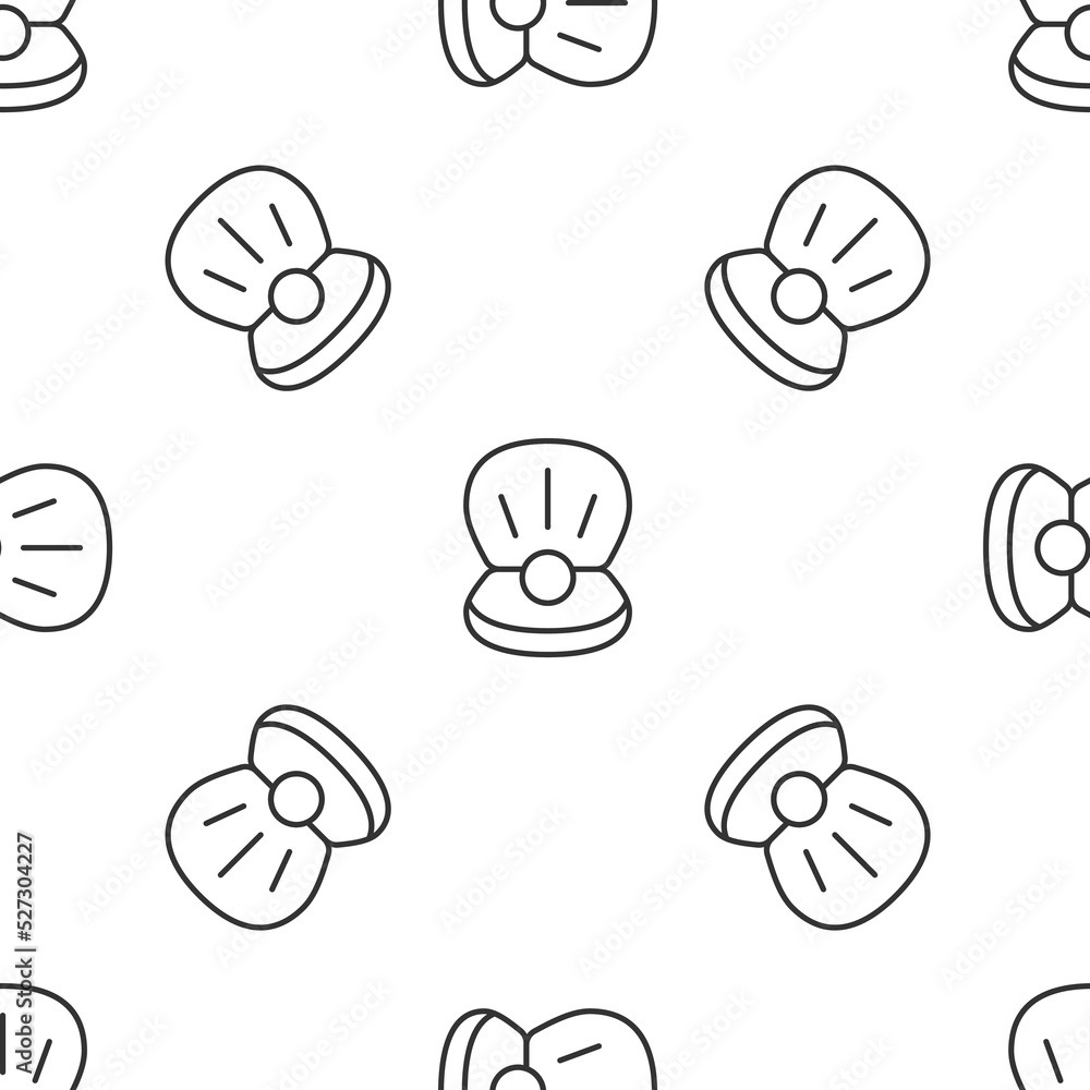 Poster grey line natural open shell with pearl icon isolated seamless pattern on white background. scallop 