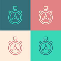 Pop art line Stopwatch icon isolated on color background. Time timer sign. Chronometer sign. Vector