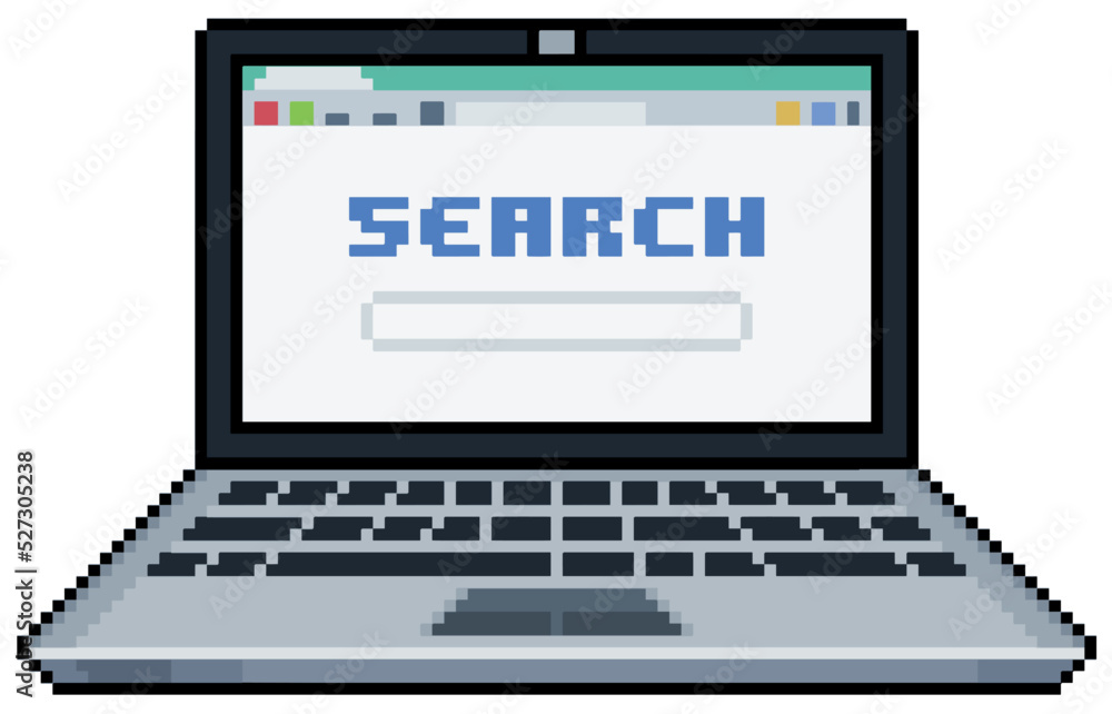 Poster pixel art laptop with browser open on search page vector icon for 8bit game on white background
