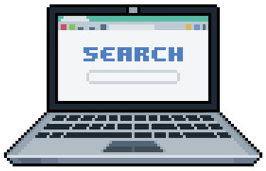 Pixel art laptop with browser open on search page vector icon for 8bit game on white background