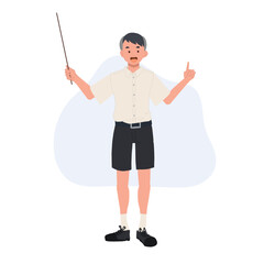 Asian student in school uniform. Thai student boy is holding a pointer and start explaining. education presentation concept. vector illustration