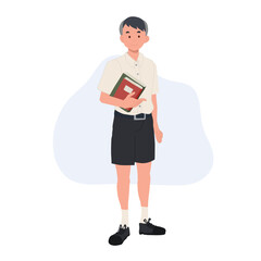 Asian student in school uniform. Thai student boy is holding books in one hand. learning , back to school concept. vector illlustration