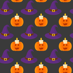 Flat Halloween pattern with pumpkin and witch hat