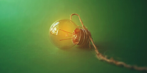 Fototapeta na wymiar Glowing light bulb and innovation thinking creative concept on dark green background inspirational success with energy saving