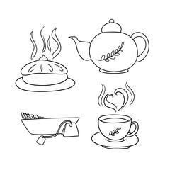 Monochrome set of autumn icons, delicious pie with fruit filling, hot fragrant tea, vector cartoon