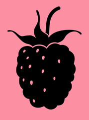 Raspberries. Black vector berry silhouette isolated on pink background.