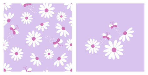 Seamless pattern with daisy flower on purple backgrounds vector illustration.