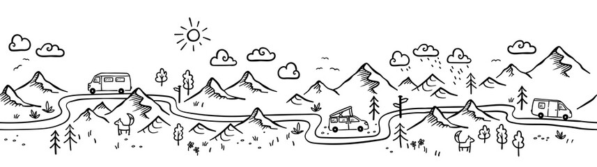 Road trip seamless pattern, doodle camper vans, vanlife, adventure - great for textiles, banners, wallpapers - vector design © TALVA