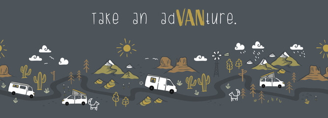 Road trip seamless pattern, doodle camper vans, vanlife, adventure - great for textiles, banners, wallpapers - vector design © TALVA