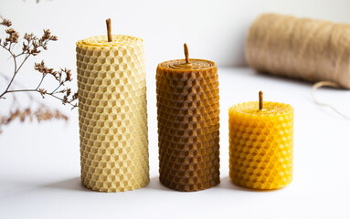 Handmade rolled beeswax candles tied with jute rope. Holiday present. Eco gift.
