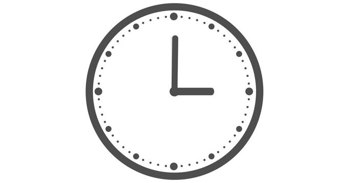Clock with grey frame in a 12 hours loop. Round pointers with copy space. Animation wall clock on white background. Endless infinity counter. 4K UHD Clock Counting Down 12 Hour Day Fast Speed. 
