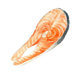 Salmon steak, slice of fresh raw red fish, seafood. Close-up, package design element, isolated, hand drawn watercolor illustration on white background