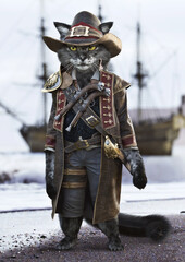 Kitty pirate themed background.Concept portrait of a cute cat dressed up in an buccaneer uniform with a pirate ship background. 3d rendering . Part of a kitty cat portrait themed series.