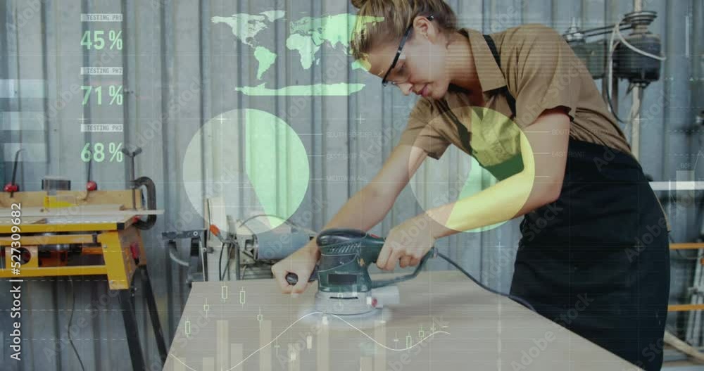 Poster animation of data processing over caucasian female carpenter working in workshop