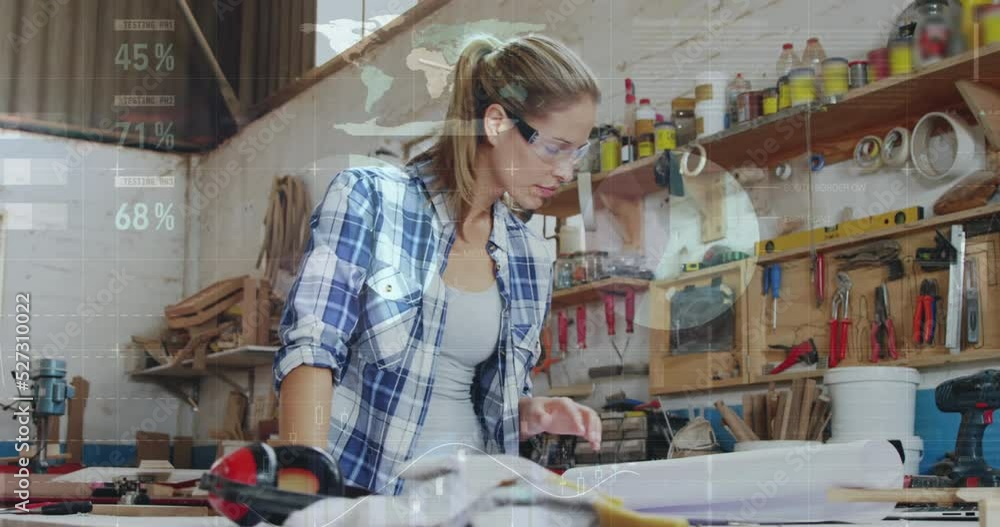 Aufkleber animation of data processing over caucasian female carpenter working in workshop