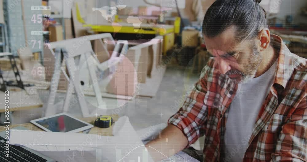Aufkleber animation of data processing over caucasian male carpenter working in workshop