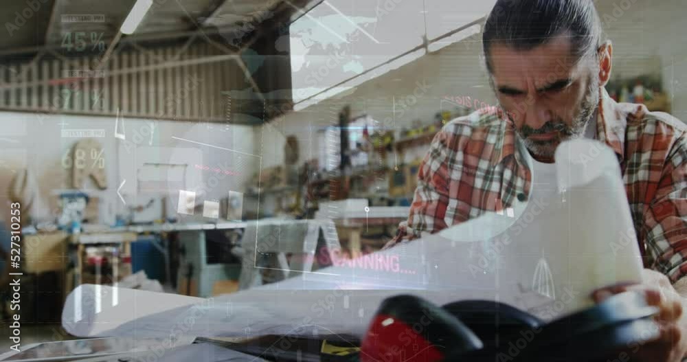 Aufkleber animation of data processing over caucasian male carpenter working in workshop
