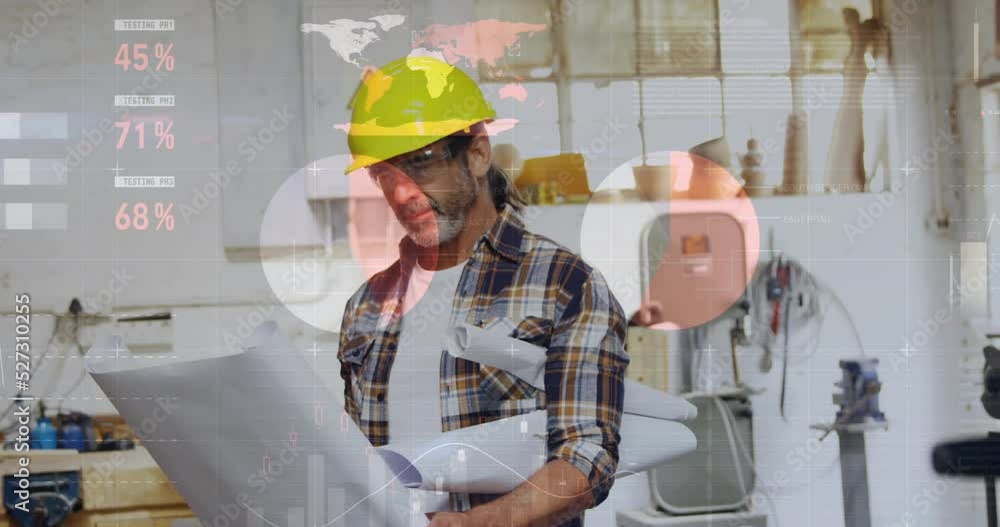 Poster animation of data processing over caucasian male carpenter working in workshop