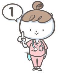１といいながら人差しで示す看護師　カラーバージョン