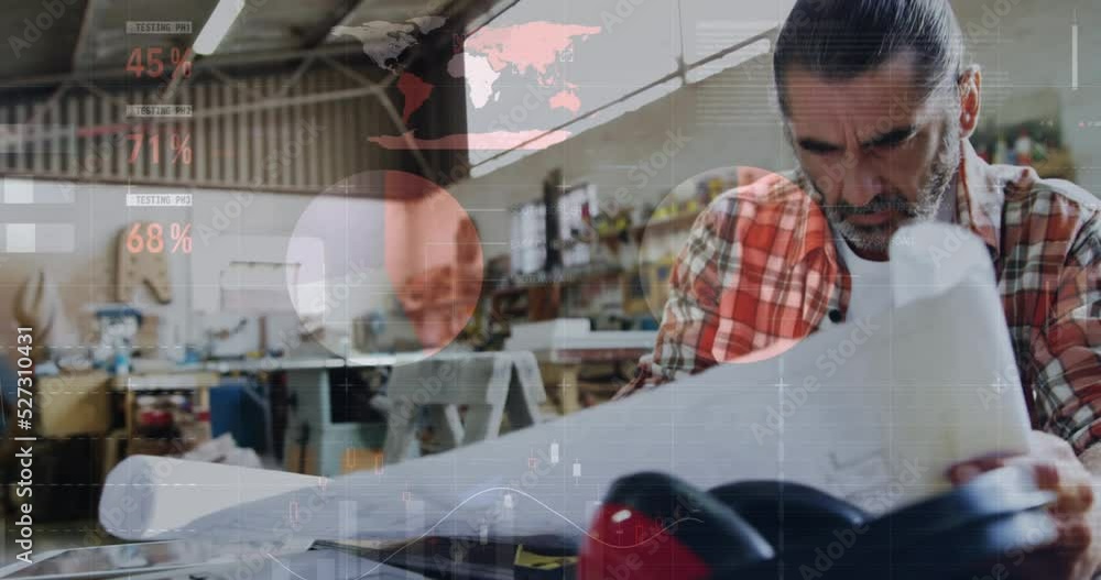 Aufkleber animation of data processing over caucasian male carpenter working in workshop