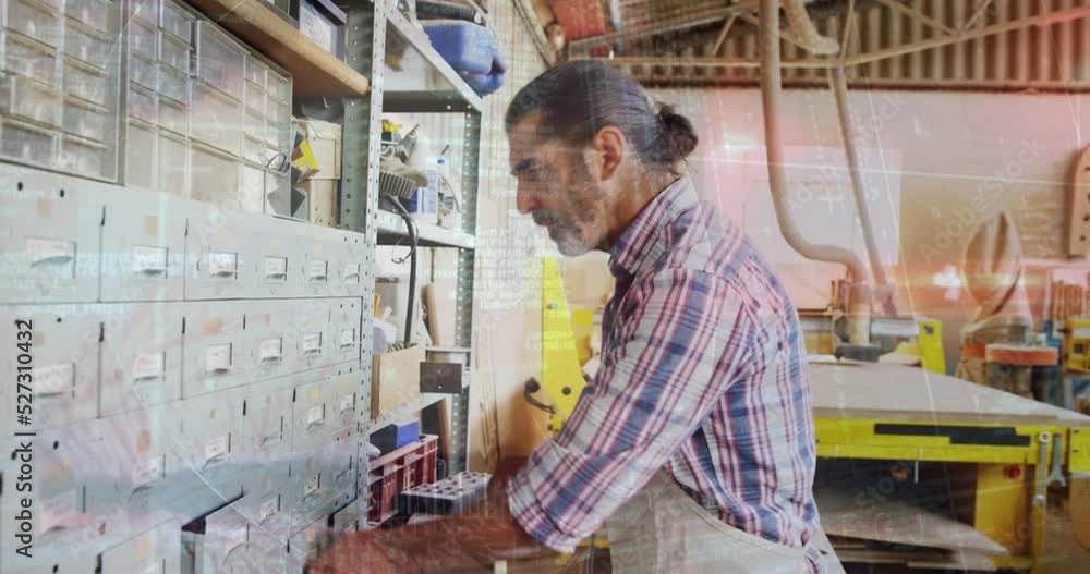 Poster animation of data processing over caucasian male carpenter working in workshop