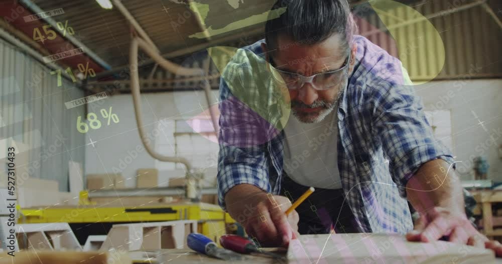 Aufkleber animation of data processing over caucasian male carpenter working in workshop