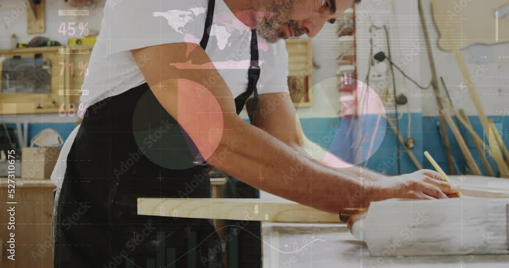 Aufkleber animation of data processing over caucasian male carpenter working in workshop