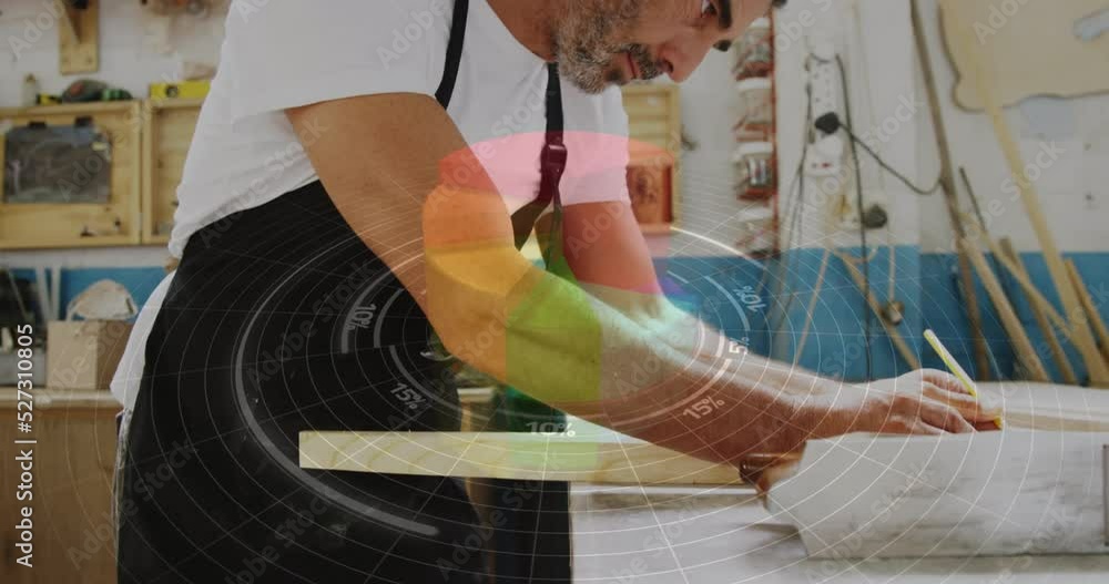 Poster animation of data processing over caucasian male carpenter working in workshop