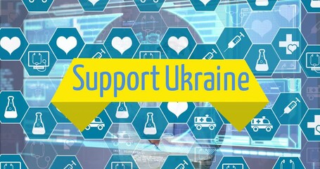 Animation of support ukraine text with medical icons and data processing over caucasian doctor - Powered by Adobe