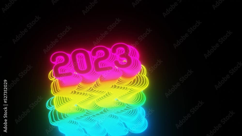 Aufkleber Beautiful Abstract neon background words 2023 on a black background. 3d rendering illustration Background pattern for design. Loops video.	
