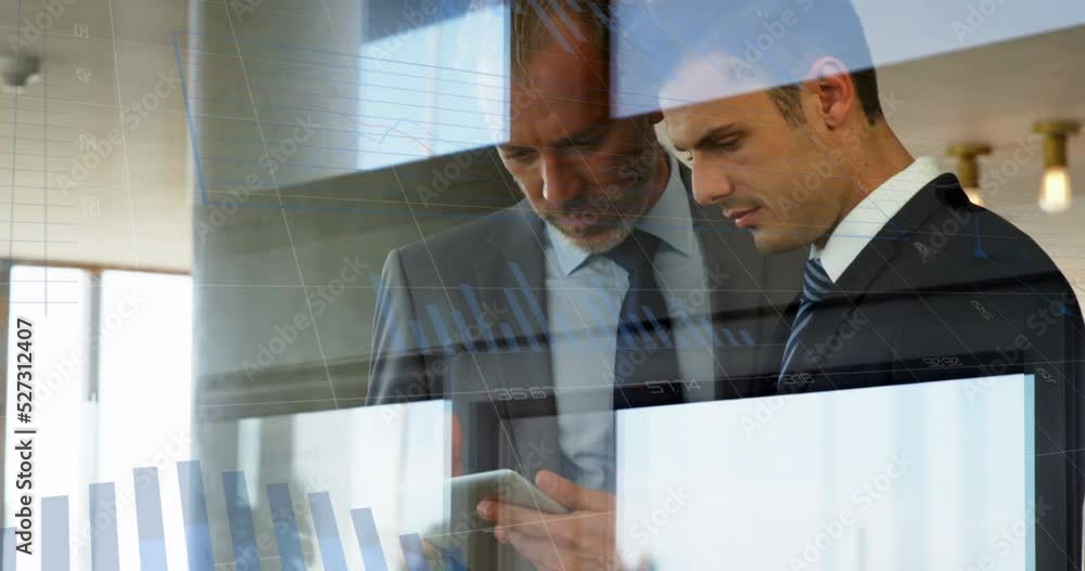 Poster animation of graph with data processing over diverse business people at office