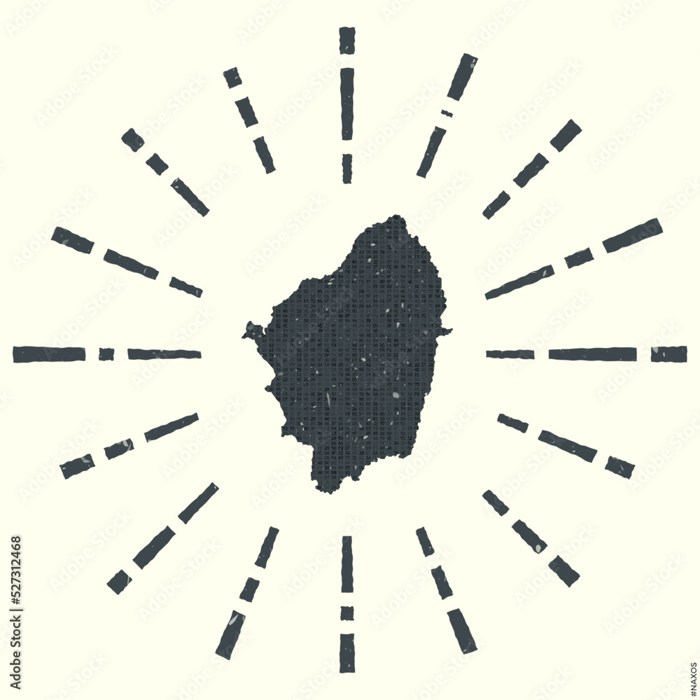 Poster naxos logo. grunge sunburst poster with map of the island. shape of naxos filled with hex digits wit