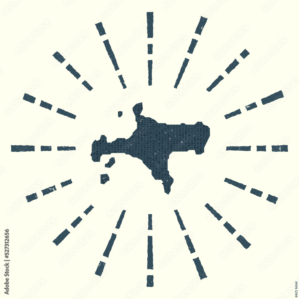 Poster ko mak logo. grunge sunburst poster with map of the island. shape of ko mak filled with hex digits w