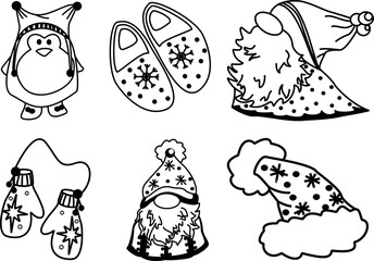 Set of hand-drawn christmas and winter doodle elements in vector. Festive collection isolated on white background. Design for icons, buttons, holidays. Gifts, trees, pastry, presents, gingerbread.