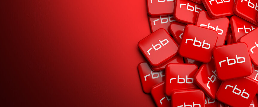 Logos of the German National Broadcaster "Rundfunk Berlin-Brandenburg" RBB (Berlin-Brandenburg Broadcasting) for the German states Berlin and Brandenburg on a heap. Web banner size with copy space
