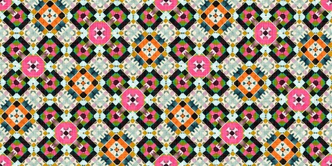 Kitsch pattern geometric retro design in seamless border background. Trendy modern boho geo in vibrant colorful graphic ribbon trim edge. Repeat tile for patchwork effect endless band. - obrazy, fototapety, plakaty