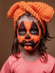 Elementary child with an orange bow on his head dressed as a pumpkin with big wide blue eyes stares