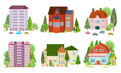 collection of colorful cute houses surrounded trees. tower, skys