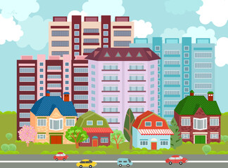 cityscape with traffic road. summer scenery with town. colorful