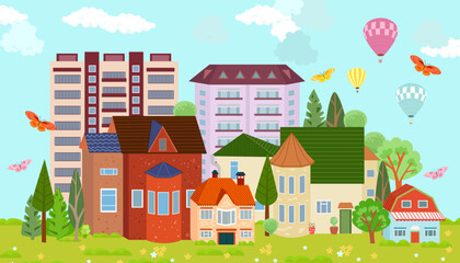 Obraz na płótnie Canvas cityscape with towers, skyscrapers, brick cottages and lawn with