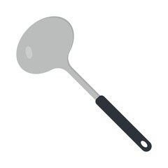 Metal ladle clipart vector illustration. Kitchen soup ladle with black plastic handle flat vector design. Soup ladle icon isolated on white. Ladle cartoon clipart. Kitchen utensils concept symbol