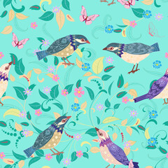 Fototapeta premium fashion seamless texture with birds and floral pattern