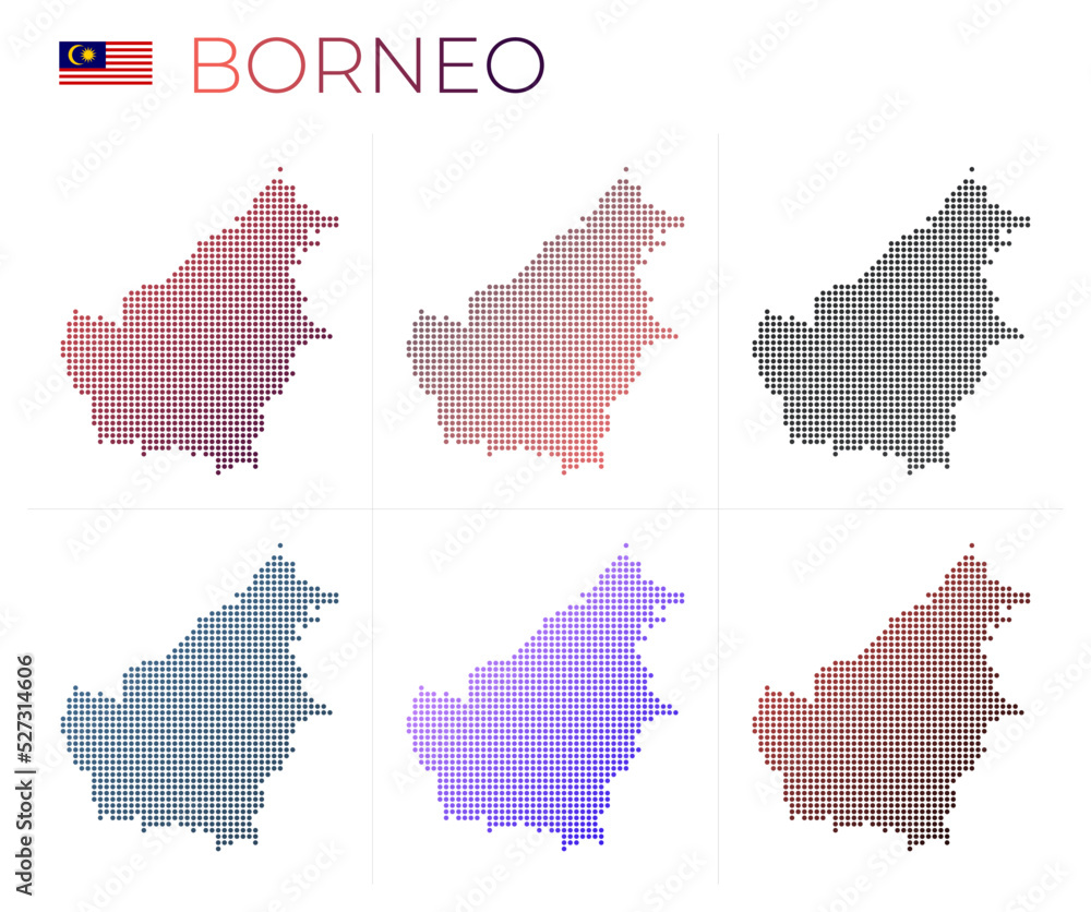 Poster borneo dotted map set. map of borneo in dotted style. borders of the island filled with beautiful sm