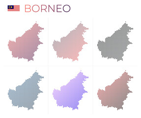 Fototapeta na wymiar Borneo dotted map set. Map of Borneo in dotted style. Borders of the island filled with beautiful smooth gradient circles. Amazing vector illustration.